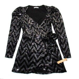 NWT Reformation Ireland Mini Black Chevron Two-tone Sequin Wrap Dress S